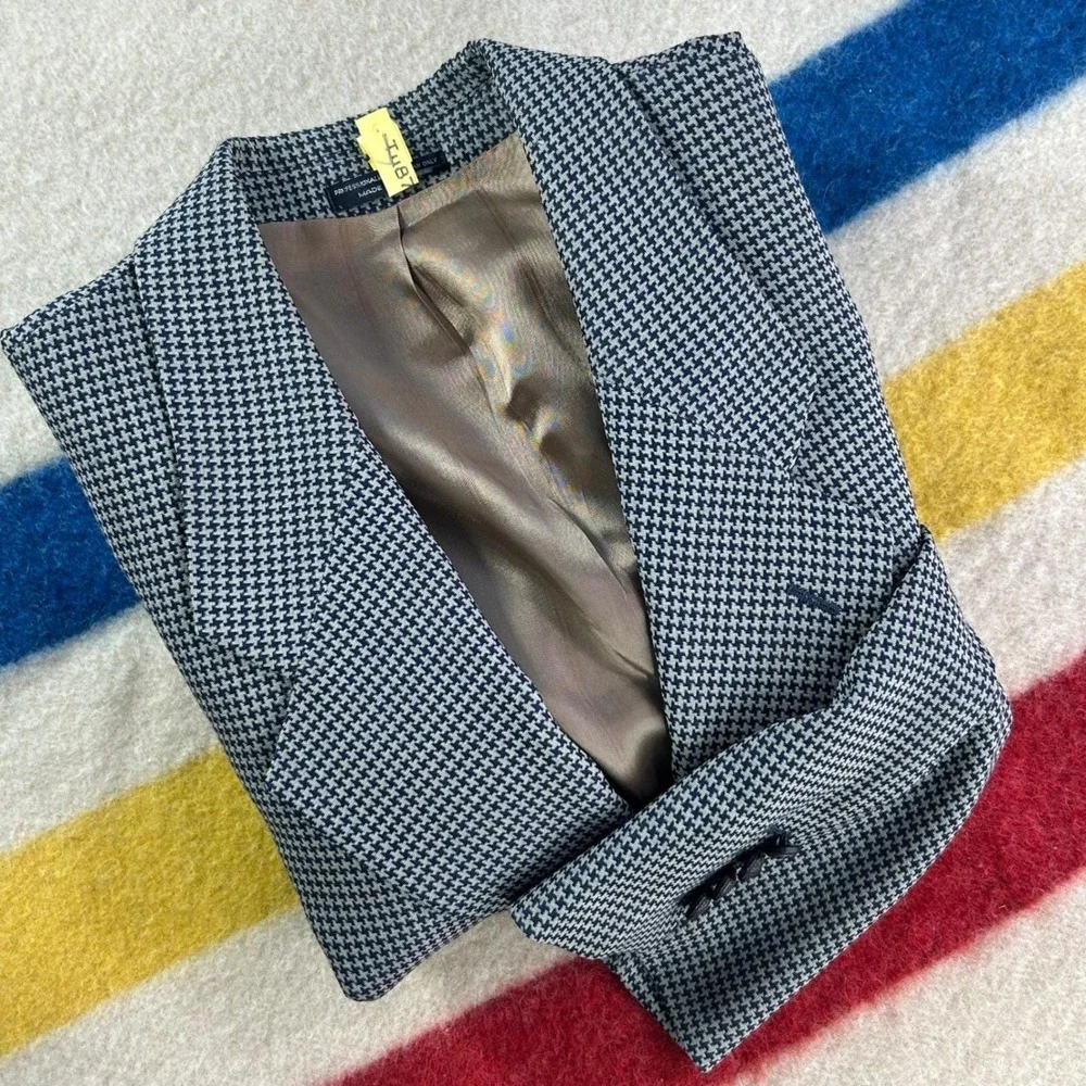 Mens Vintage Sport Coat Navy Tan Houndstooth Wool‎ Blazer Italy Galliani 48 50